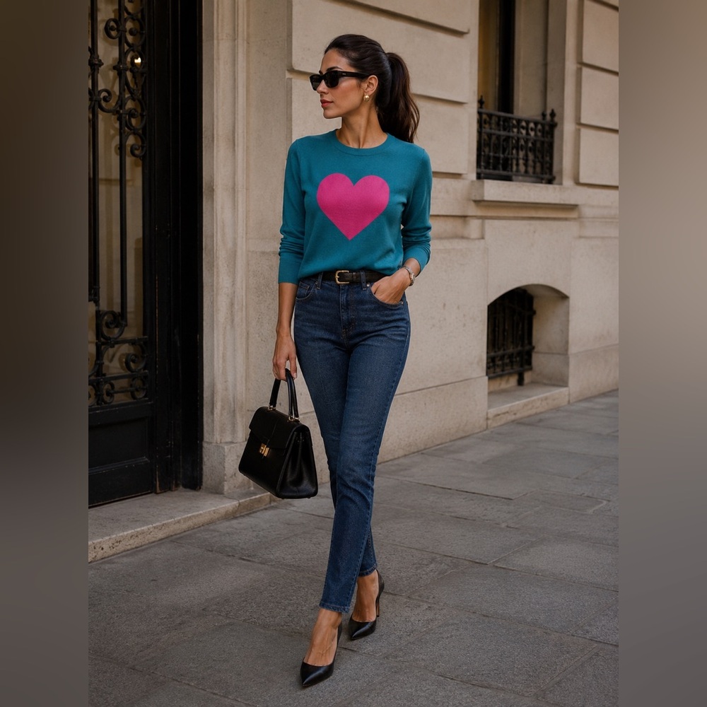 J. Crew Teal Crewneck Merino Wool with Pink Heart Sweater sz medium minimalist